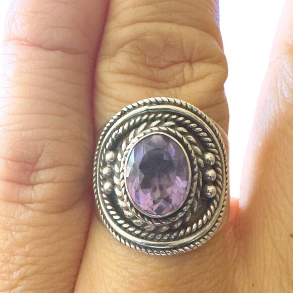 Amethyst Faceted Oval Vintage Ring Sterling 925 Silver Size 8.5 - Picture 4 of 9